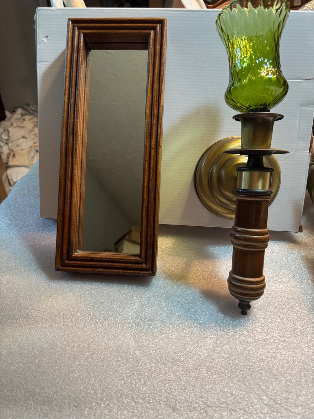 Vintage Framed Wall Mirror with Homco Metal Wall Sconce
